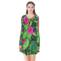 Purple Park Flowers Long Sleeve V-neck Flare Dress by okhismakingart