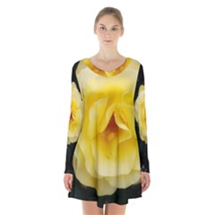 Pale Yellow Rose Long Sleeve Velvet V-neck Dress