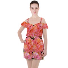 Folded Pink And Orange Rose Ruffle Cut Out Chiffon Playsuit by okhismakingart