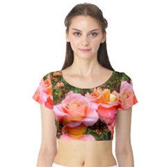 Pink Rose Field Short Sleeve Crop Top by okhismakingart