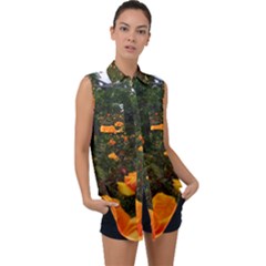 Orange Rose Field Sleeveless Chiffon Button Shirt