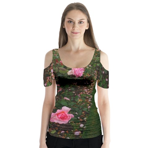 Pink Rose Field (sideways) Butterfly Sleeve Cutout Tee  by okhismakingart