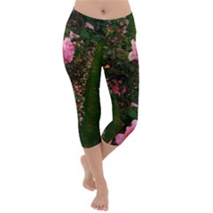 Pink Rose Field (sideways) Lightweight Velour Capri Yoga Leggings by okhismakingart