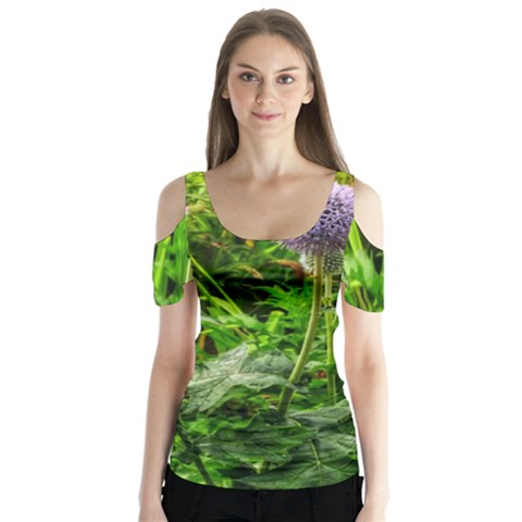 Purple Spherical Flower Butterfly Sleeve Cutout Tee  by okhismakingart