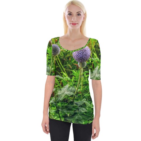 Purple Spherical Flower Wide Neckline Tee by okhismakingart