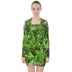 Purple Spherical Flower V-neck Bodycon Long Sleeve Dress by okhismakingart