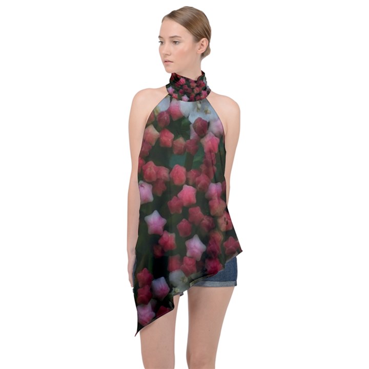 Floral Stars Halter Asymmetric Satin Top