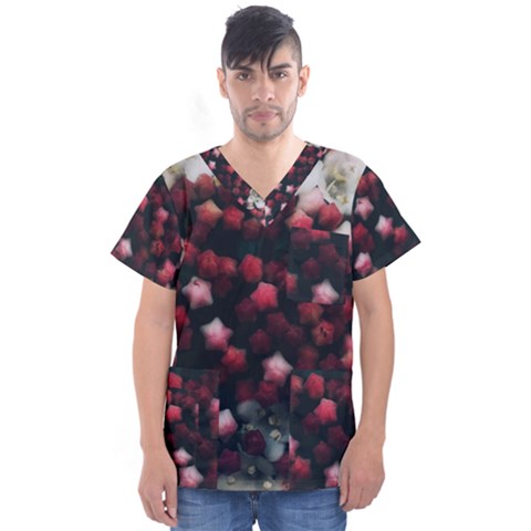 Floral Stars -dark Red Men s V-neck Scrub Top by okhismakingart