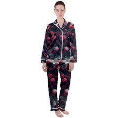 Floral Stars -dark Red Satin Long Sleeve Pyjamas Set by okhismakingart