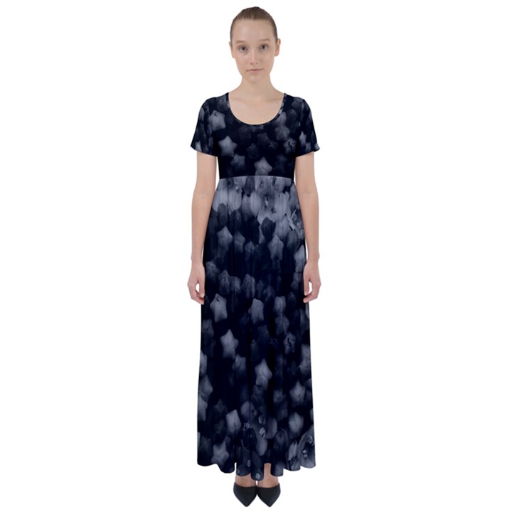 Floral Stars -Black and White, High Contrast High Waist Short Sleeve Maxi Dress