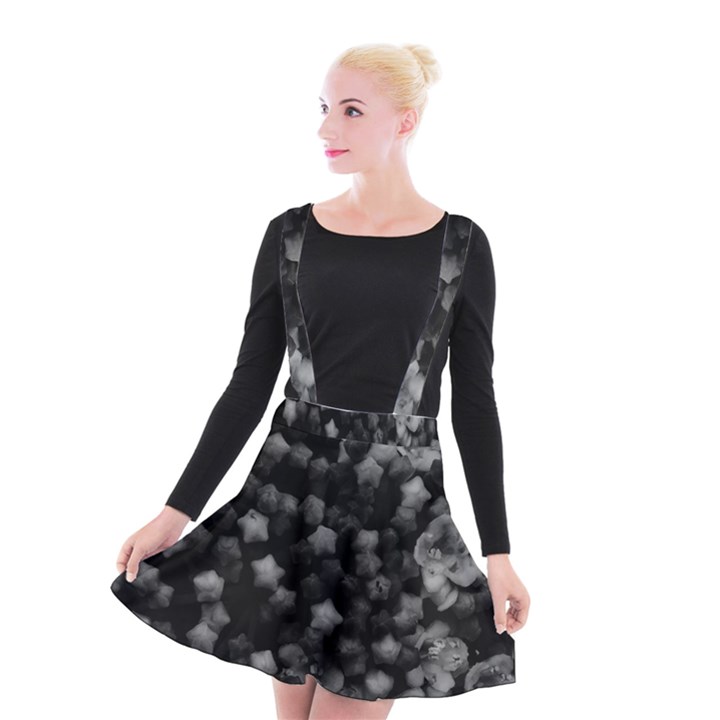 Floral Stars -Black and White, High Contrast Suspender Skater Skirt