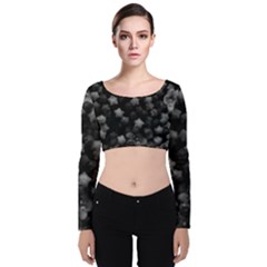 Floral Stars -black And White, High Contrast Velvet Long Sleeve Crop Top by okhismakingart