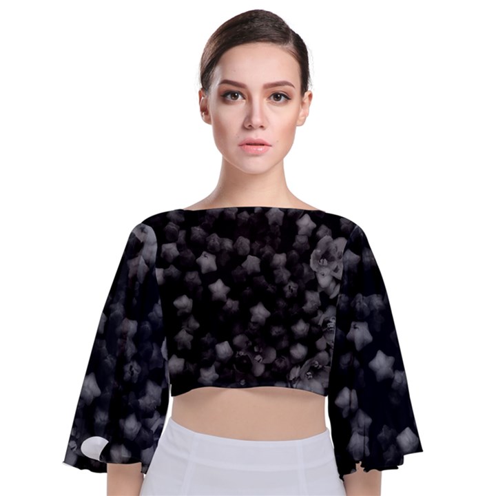 Floral Stars -Black and White, High Contrast Tie Back Butterfly Sleeve Chiffon Top