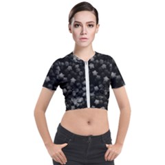 Floral Stars -black And White, High Contrast Short Sleeve Cropped Jacket