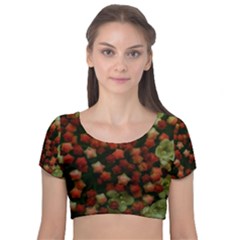 Floral Stars -yellow Velvet Short Sleeve Crop Top  by okhismakingart