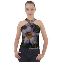 Light Purple Blossoms Cross Neck Velour Top