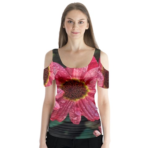 Three Dripping Flowers Butterfly Sleeve Cutout Tee  by okhismakingart