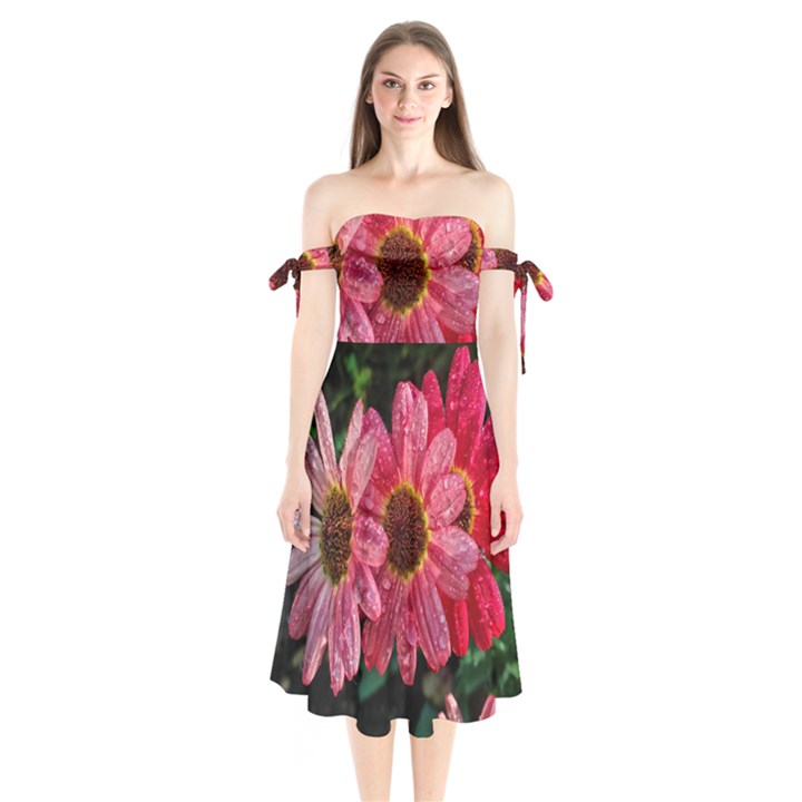 Three Dripping Flowers Shoulder Tie Bardot Midi Dress