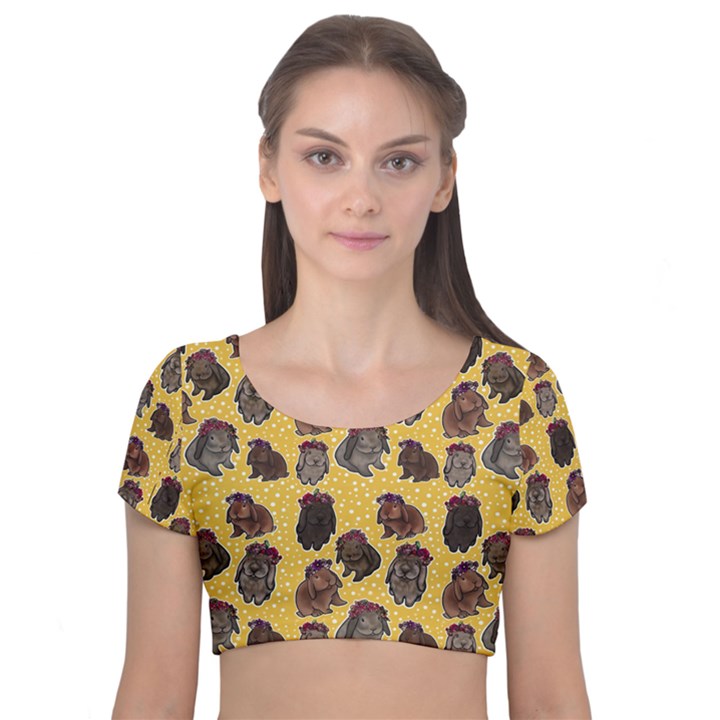 Flower Bunny Velvet Short Sleeve Crop Top 