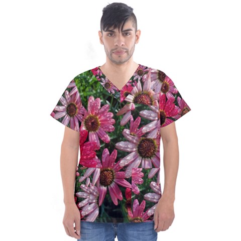 Pink Asters Men s V-neck Scrub Top by okhismakingart