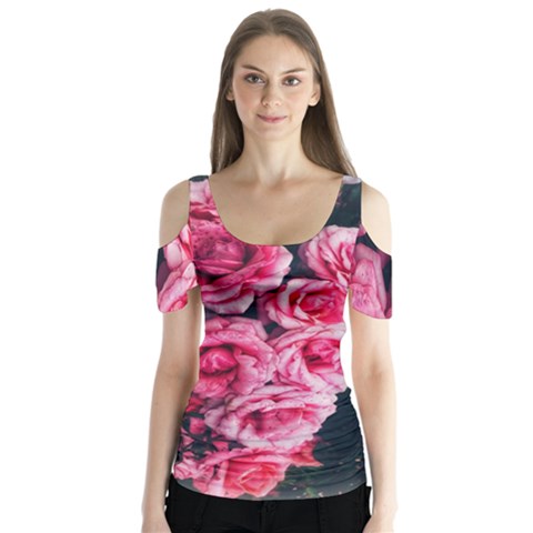 Pink Roses Ii Butterfly Sleeve Cutout Tee  by okhismakingart