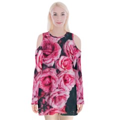 Pink Roses Ii Velvet Long Sleeve Shoulder Cutout Dress by okhismakingart