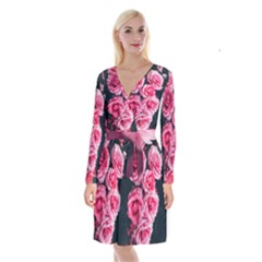 Pink Roses Ii Long Sleeve Velvet Front Wrap Dress by okhismakingart