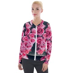 Pink Roses Ii Velour Zip Up Jacket