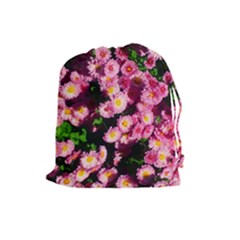 Pink Flower Bushes Drawstring Pouch (large) by okhismakingart