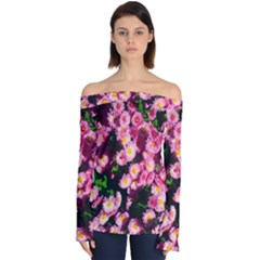 Pink Flower Bushes Off Shoulder Long Sleeve Top by okhismakingart