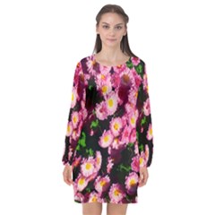 Pink Flower Bushes Long Sleeve Chiffon Shift Dress 