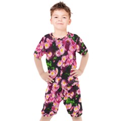 Pink Flower Bushes Kids  Tee And Shorts Set by okhismakingart