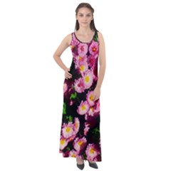 Pink Flower Bushes Sleeveless Velour Maxi Dress