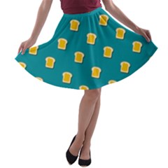 Toast With Cheese Pattern Turquoise Green Background Retro Funny Food A-line Skater Skirt by genx