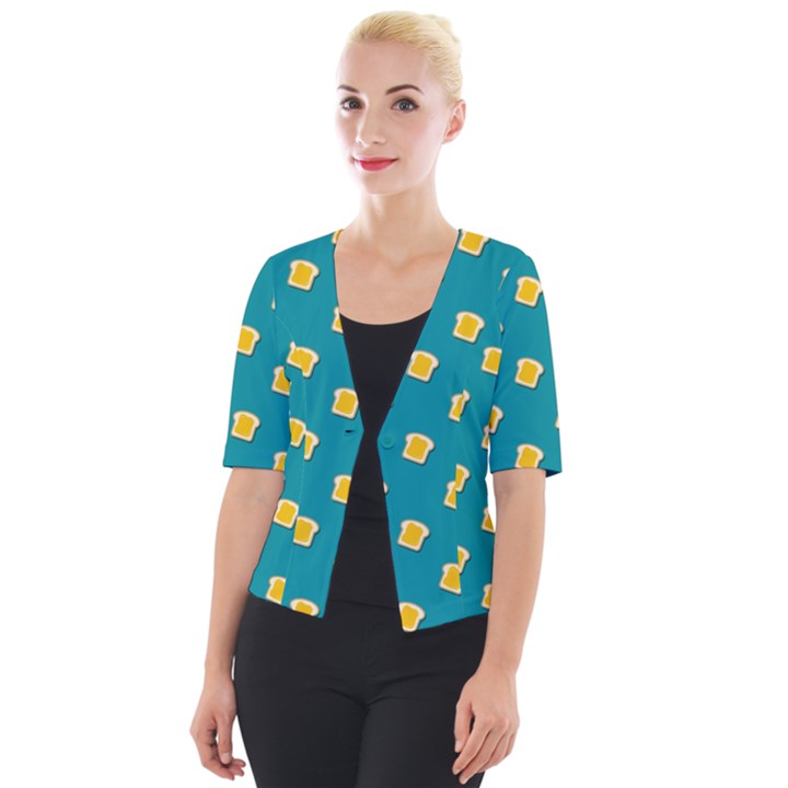 Toast With Cheese Pattern Turquoise Green Background Retro funny food Cropped Button Cardigan