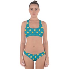 Toast With Cheese Pattern Turquoise Green Background Retro Funny Food Cross Back Hipster Bikini Set by genx