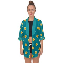 Toast With Cheese Pattern Turquoise Green Background Retro Funny Food Open Front Chiffon Kimono by genx