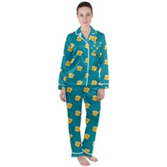 Toast With Cheese Pattern Turquoise Green Background Retro Funny Food Satin Long Sleeve Pyjamas Set by genx