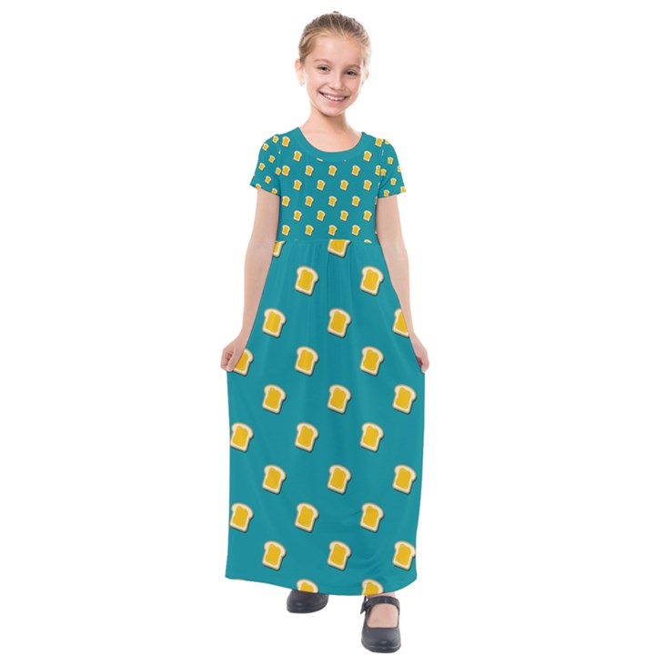 Toast With Cheese Pattern Turquoise Green Background Retro funny food Kids  Short Sleeve Maxi Dress