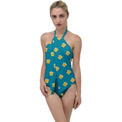 Toast With Cheese Pattern Turquoise Green Background Retro Funny Food Go With The Flow One Piece Swimsuit by genx