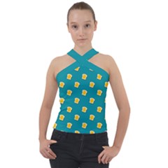 Toast With Cheese Pattern Turquoise Green Background Retro Funny Food Cross Neck Velour Top by genx