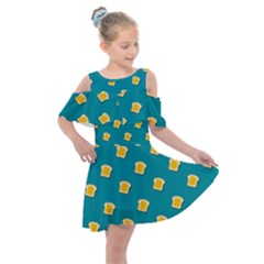 Toast With Cheese Pattern Turquoise Green Background Retro Funny Food Kids  Shoulder Cutout Chiffon Dress by genx