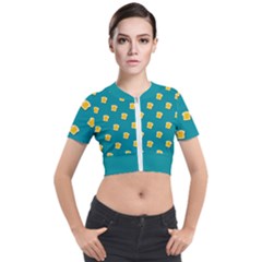 Toast With Cheese Pattern Turquoise Green Background Retro Funny Food Short Sleeve Cropped Jacket