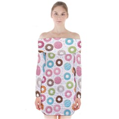 Donut Pattern With Funny Candies Long Sleeve Off Shoulder Dress by genx