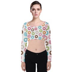 Donut Pattern With Funny Candies Velvet Long Sleeve Crop Top by genx