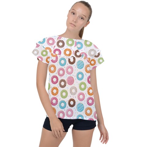 Donut Pattern With Funny Candies Ruffle Collar Chiffon Blouse by genx