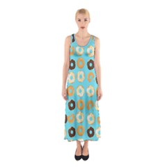 Donuts Pattern With Bites Bright Pastel Blue And Brown Sleeveless Maxi Dress by genx