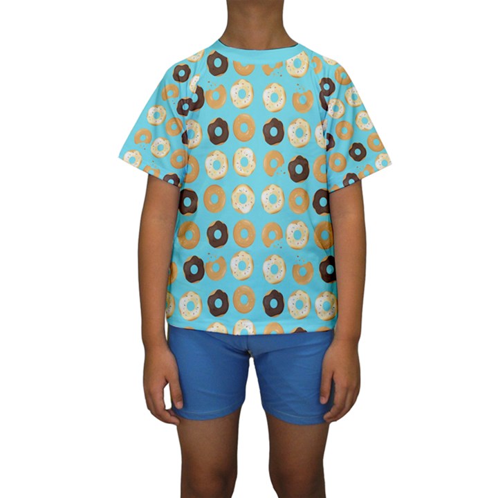 Donuts Pattern With Bites bright pastel blue and brown Kids  Short Sleeve Swimwear