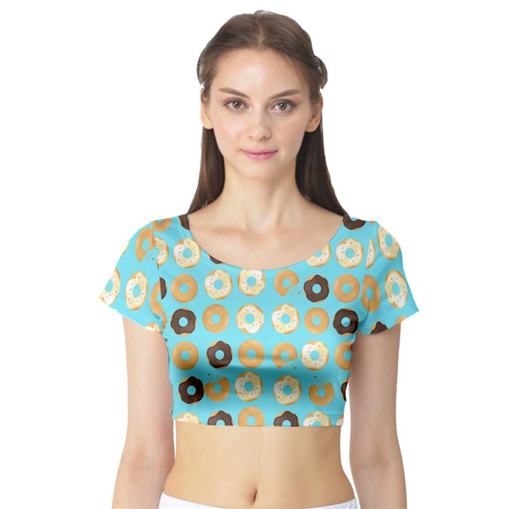 Donuts Pattern With Bites bright pastel blue and brown Short Sleeve Crop Top