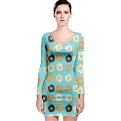 Donuts Pattern With Bites Bright Pastel Blue And Brown Long Sleeve Bodycon Dress by genx